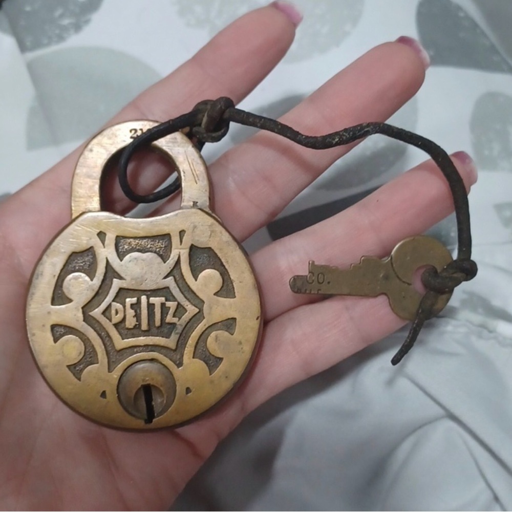 Antique DEITZ Solid Brass Lever Padlock and Key